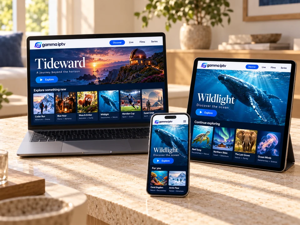A laptop, tablet, and phone show populated Gamma IPTV interfaces.