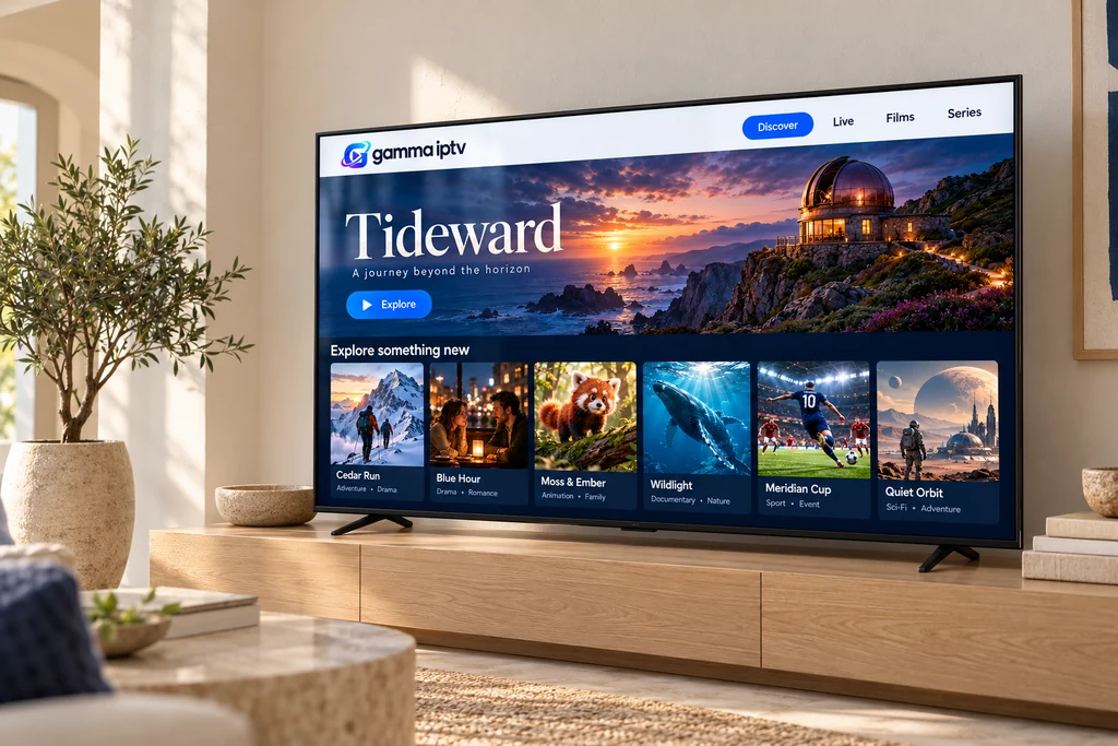 Gamma IPTV library displayed on a television in a sunlit living room.
