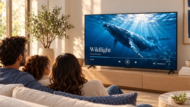 A family watches an ocean documentary together in a bright living room.
