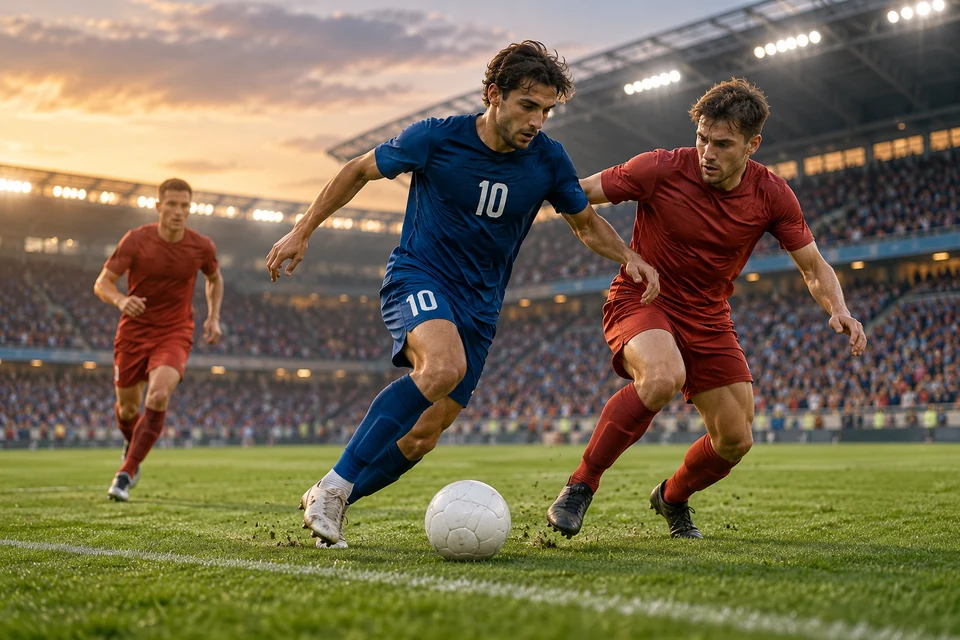 Players in unbranded blue and red kits compete for a ball at sunset.