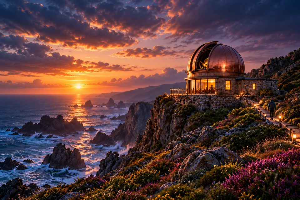 A copper-domed observatory overlooks a rocky coast at sunset.