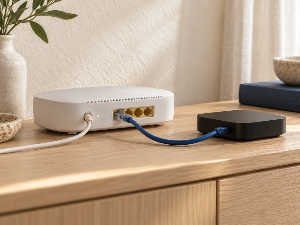 An Ethernet cable connects a home router to a compact streaming device.