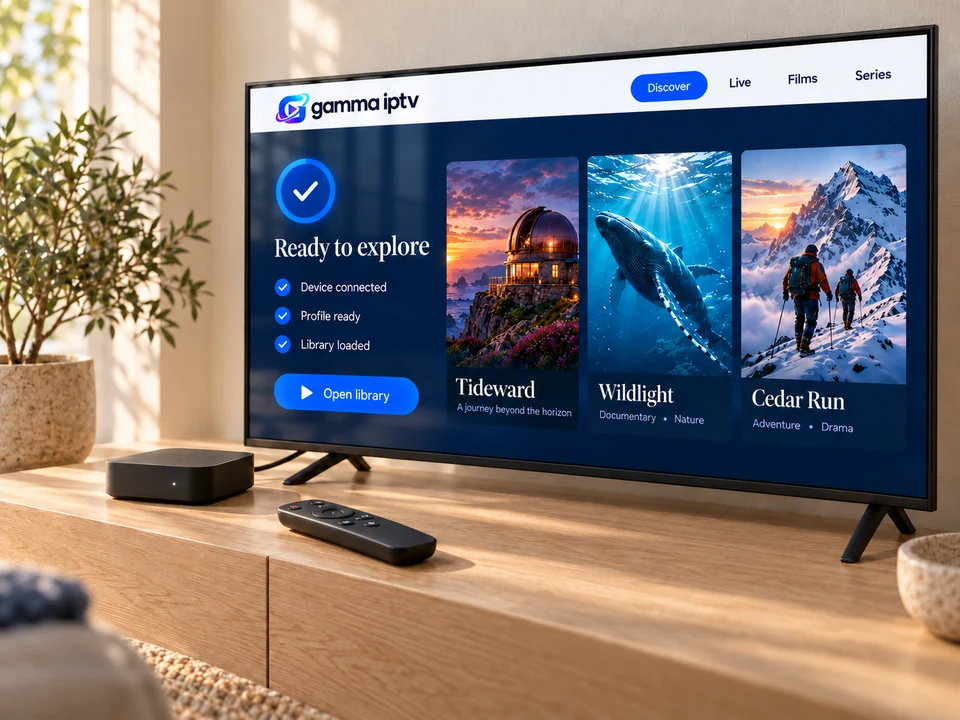 TV setup checklist beside a streaming box and remote on an oak console.