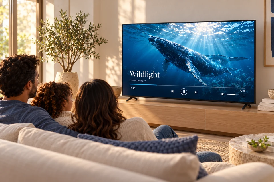 A family watches an ocean documentary together in a bright living room.