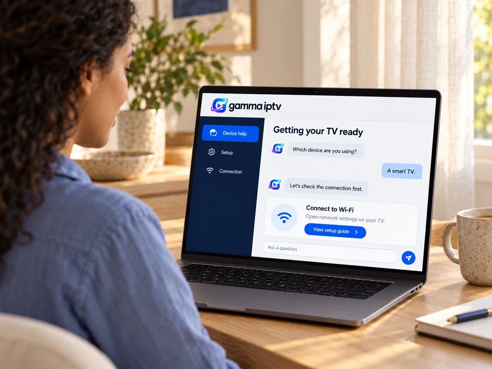 A person reads a Gamma IPTV device-help conversation on a laptop.