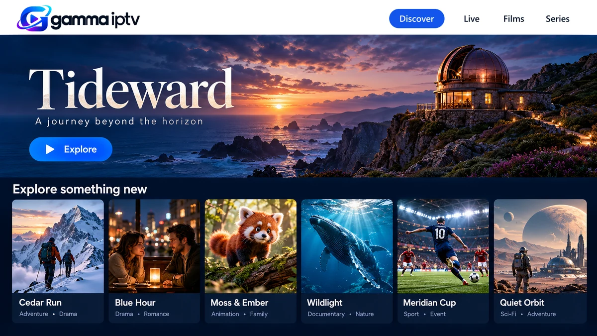 Fictional Gamma IPTV library with adventure, drama, animation, nature, sport, and science-fiction artwork.
